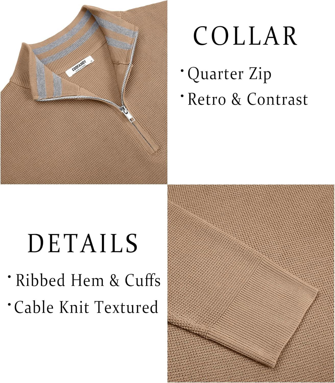 imageCOOFANDY Mens Quarter Zip Pullover Slim Fit Lightweight Sweater Casual Mock Neck Knit Polo SweaterKhaki