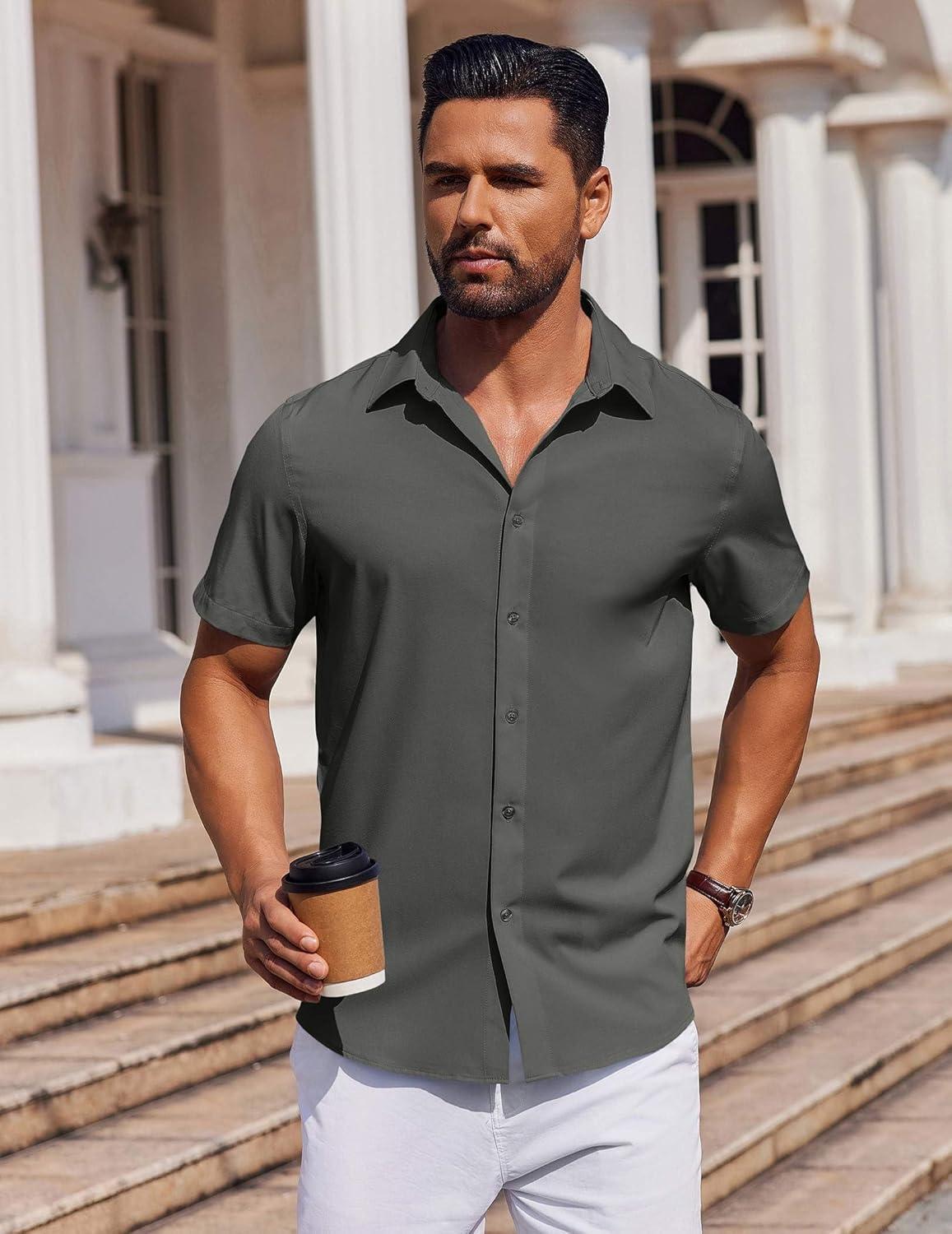 imageCOOFANDY Mens Short Sleeve Button Down Shirts Casual Summer Shirt Untucked Dress ShirtsDeep Green