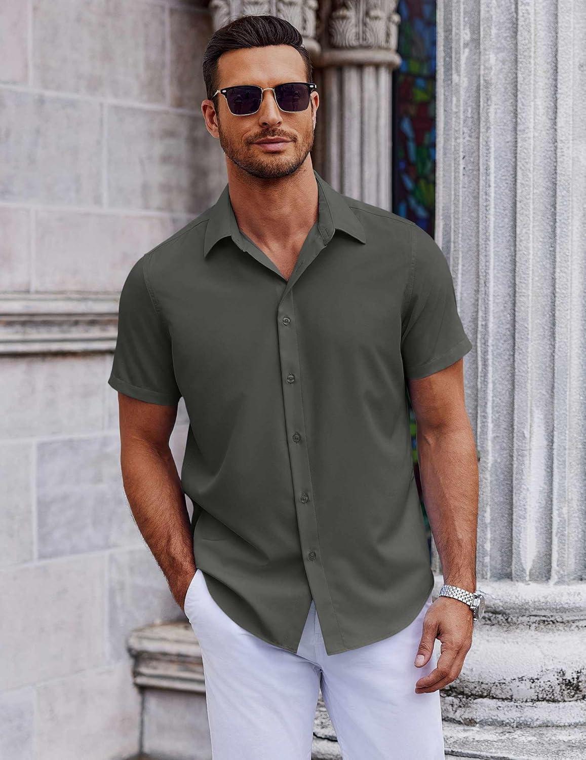 imageCOOFANDY Mens Short Sleeve Button Down Shirts Casual Summer Shirt Untucked Dress ShirtsDeep Green