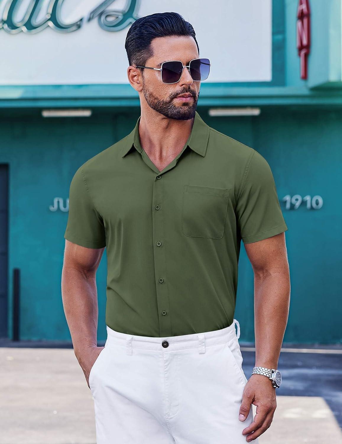 imageCOOFANDY Mens Short Sleeve Button Down Shirts Wrinkle Free Dress Shirt for Men Casual Untucked Shirt with PocketArmy Green