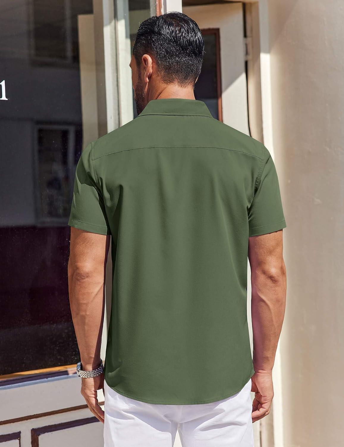 imageCOOFANDY Mens Short Sleeve Button Down Shirts Wrinkle Free Dress Shirt for Men Casual Untucked Shirt with PocketArmy Green