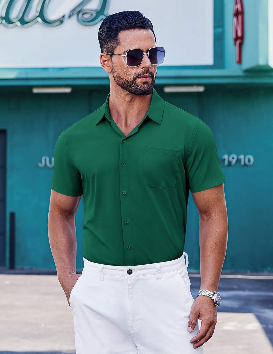 imageCOOFANDY Mens Short Sleeve Button Down Shirts Wrinkle Free Dress Shirt for Men Casual Untucked Shirt with PocketDark Green