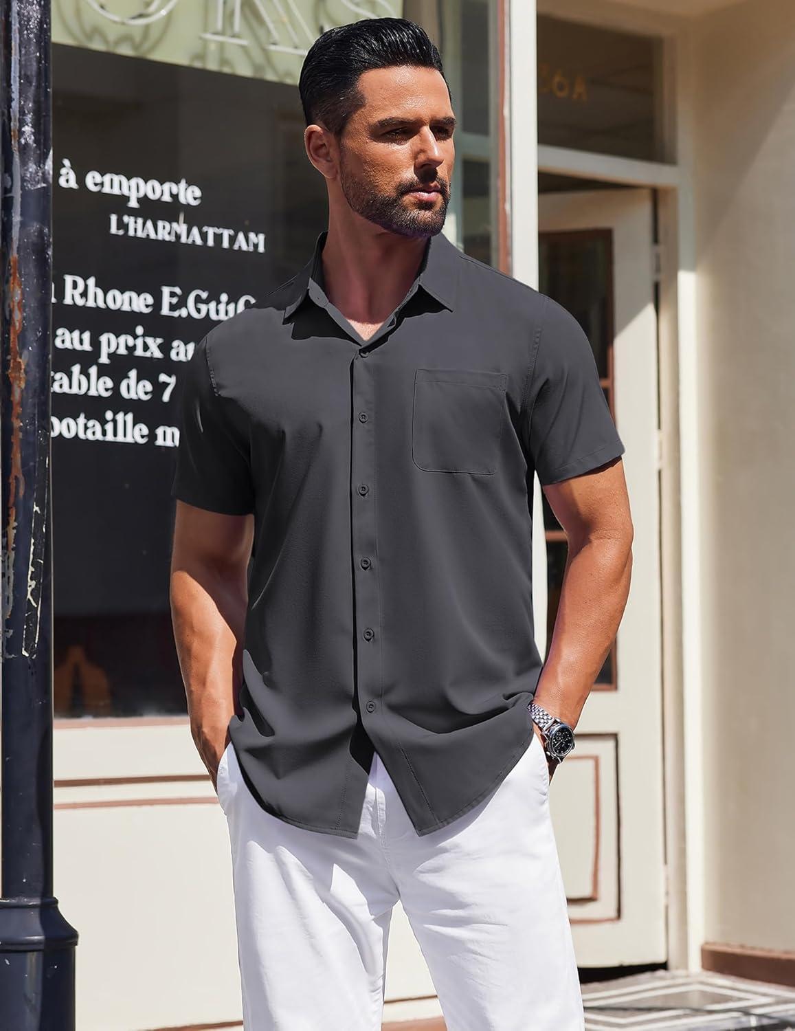 imageCOOFANDY Mens Short Sleeve Button Down Shirts Wrinkle Free Dress Shirt for Men Casual Untucked Shirt with PocketDark Grey