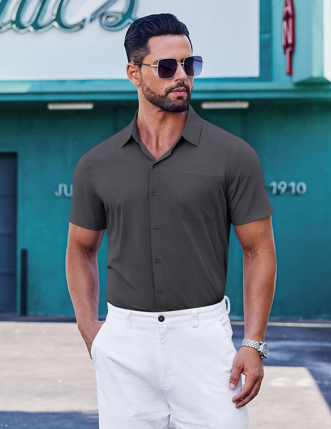 imageCOOFANDY Mens Short Sleeve Button Down Shirts Wrinkle Free Dress Shirt for Men Casual Untucked Shirt with PocketDark Grey