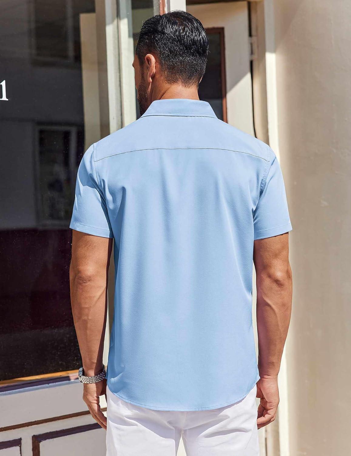 imageCOOFANDY Mens Short Sleeve Button Down Shirts Wrinkle Free Dress Shirt for Men Casual Untucked Shirt with PocketLight Blue