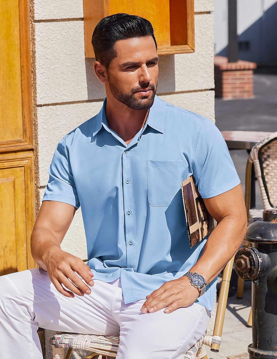 imageCOOFANDY Mens Short Sleeve Button Down Shirts Wrinkle Free Dress Shirt for Men Casual Untucked Shirt with PocketLight Blue
