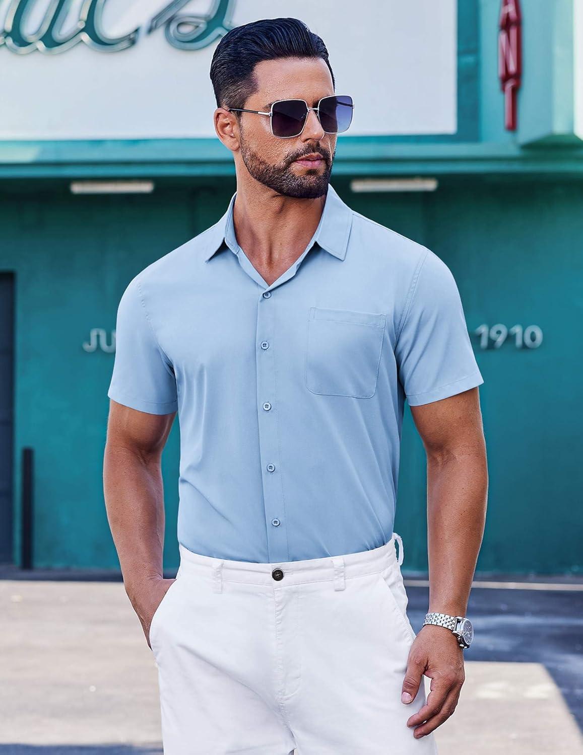 imageCOOFANDY Mens Short Sleeve Button Down Shirts Wrinkle Free Dress Shirt for Men Casual Untucked Shirt with PocketLight Blue