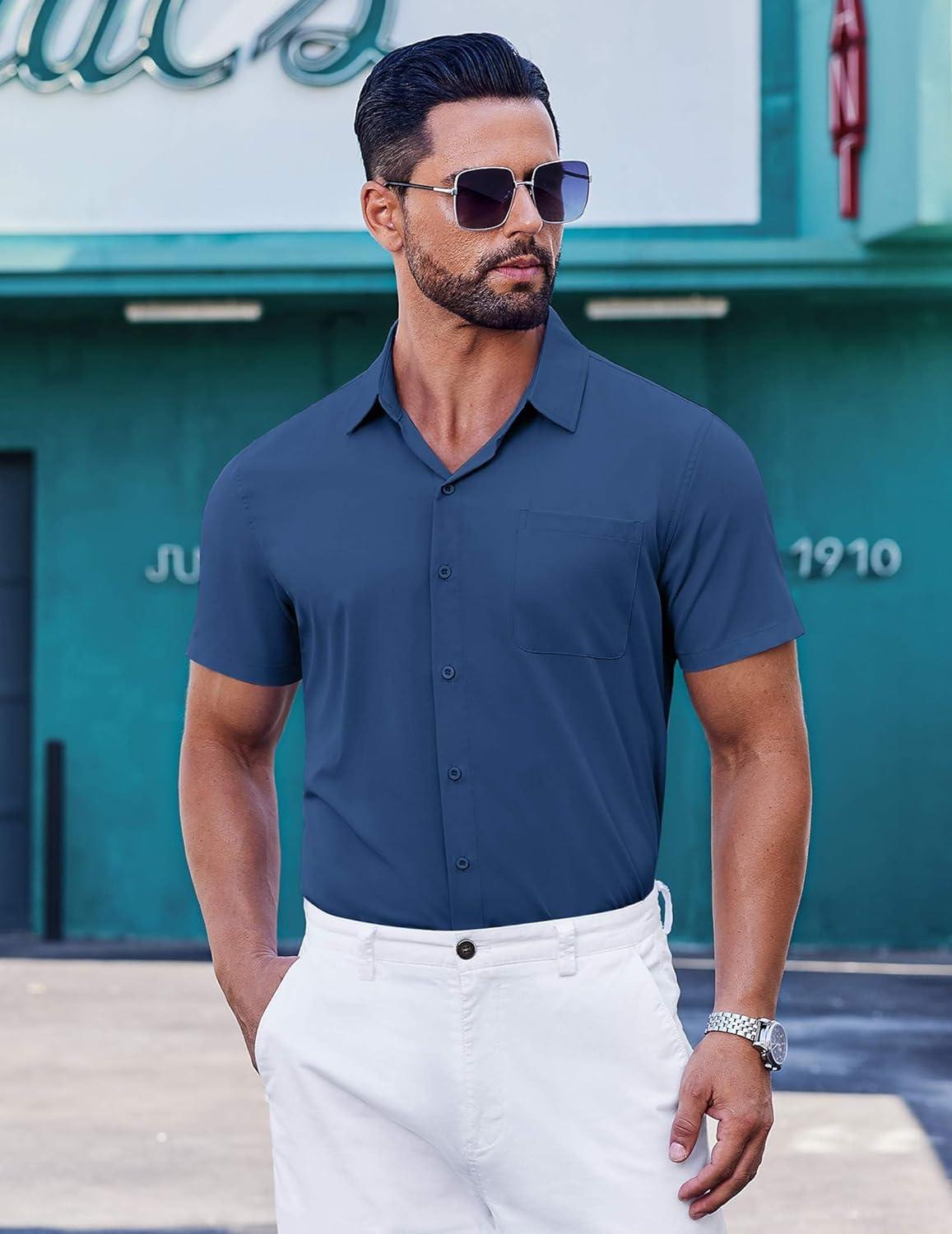 imageCOOFANDY Mens Short Sleeve Button Down Shirts Wrinkle Free Dress Shirt for Men Casual Untucked Shirt with PocketNavy