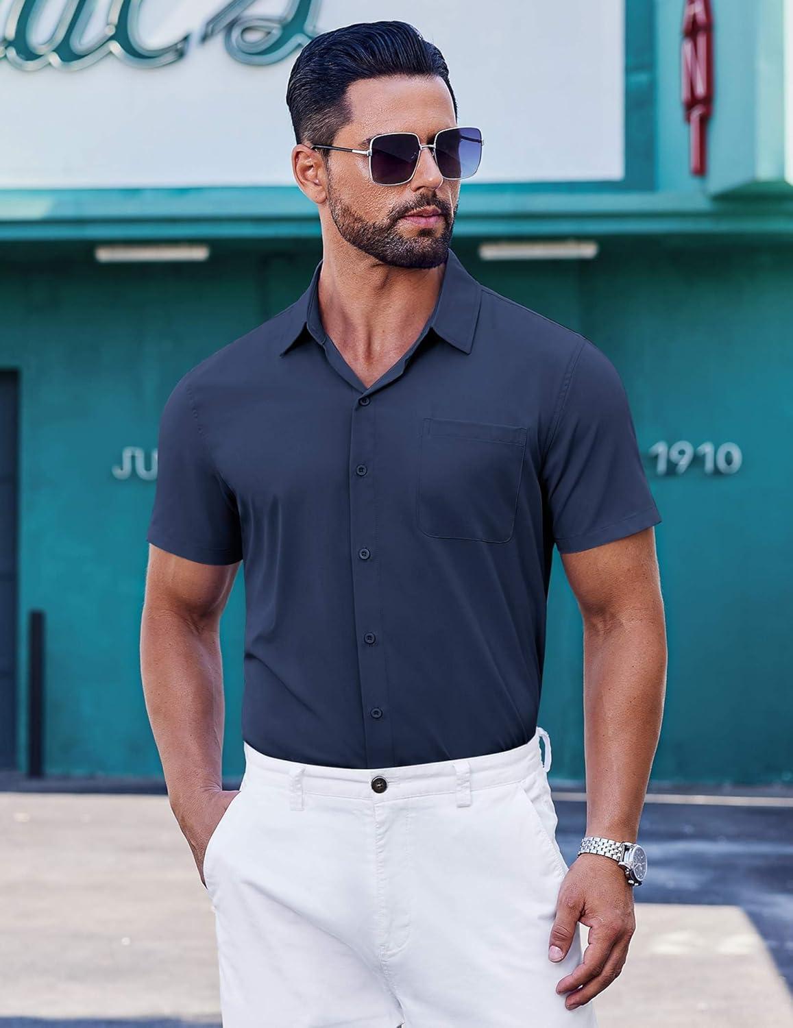 imageCOOFANDY Mens Short Sleeve Button Down Shirts Wrinkle Free Dress Shirt for Men Casual Untucked Shirt with PocketNavy Blue