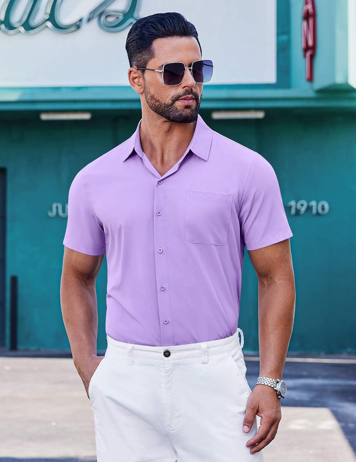 imageCOOFANDY Mens Short Sleeve Button Down Shirts Wrinkle Free Dress Shirt for Men Casual Untucked Shirt with PocketPurple