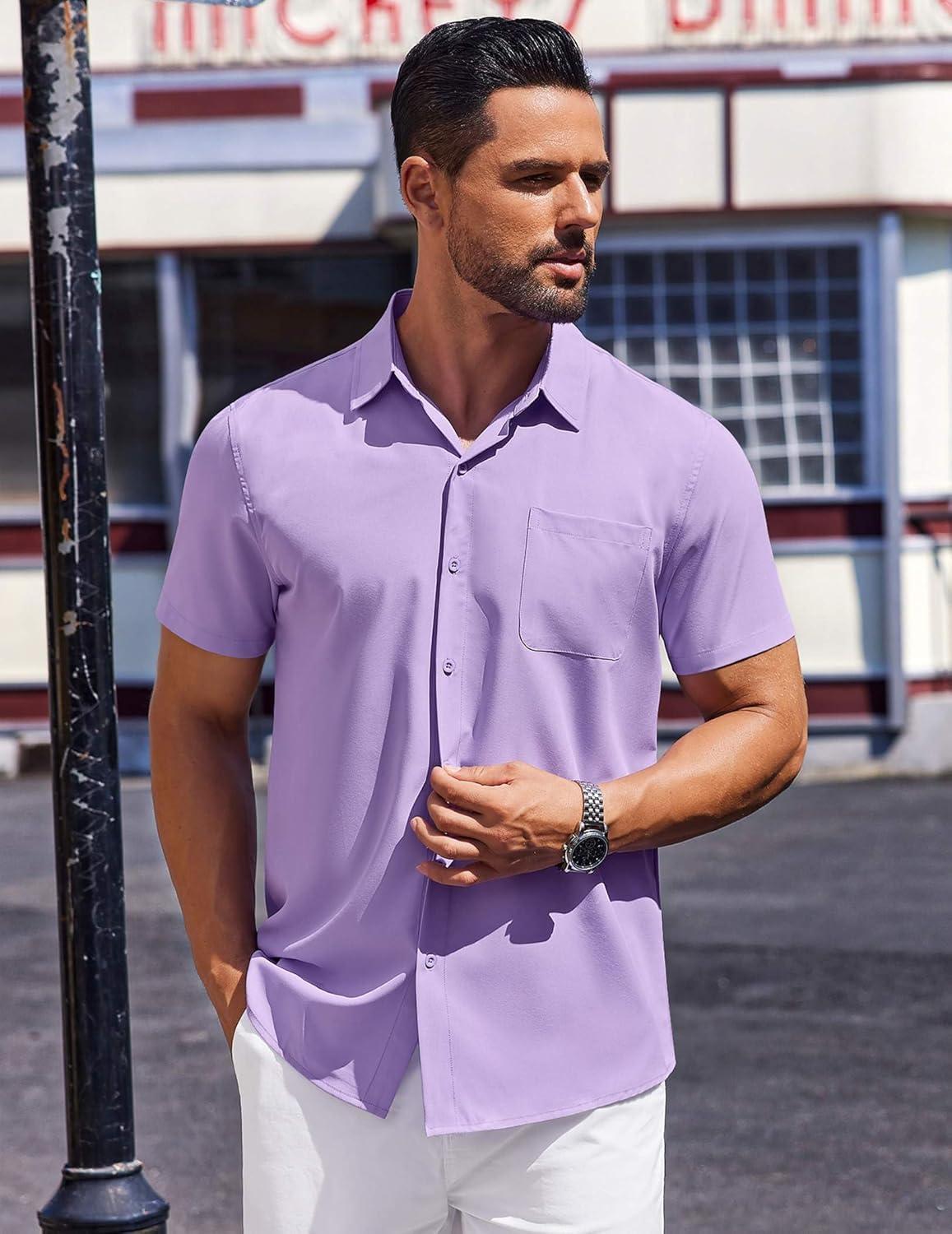 imageCOOFANDY Mens Short Sleeve Button Down Shirts Wrinkle Free Dress Shirt for Men Casual Untucked Shirt with PocketPurple