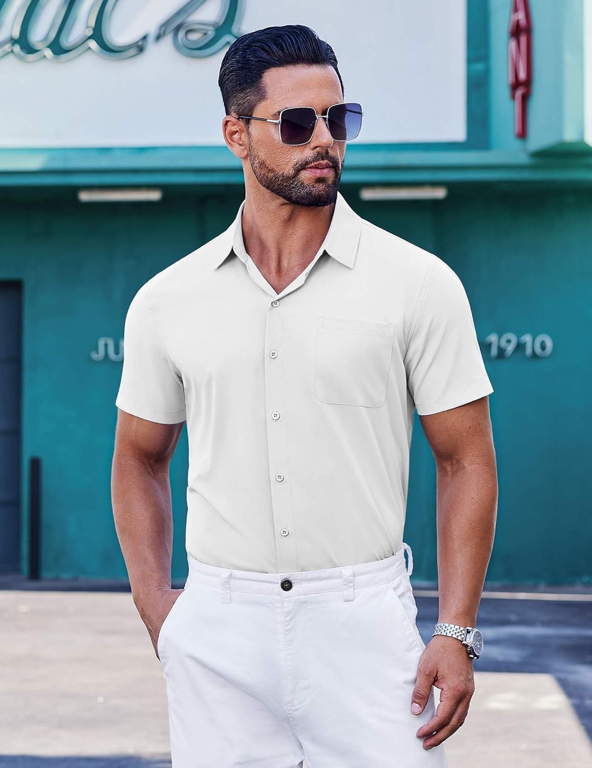 imageCOOFANDY Mens Short Sleeve Button Down Shirts Wrinkle Free Dress Shirt for Men Casual Untucked Shirt with PocketWhite