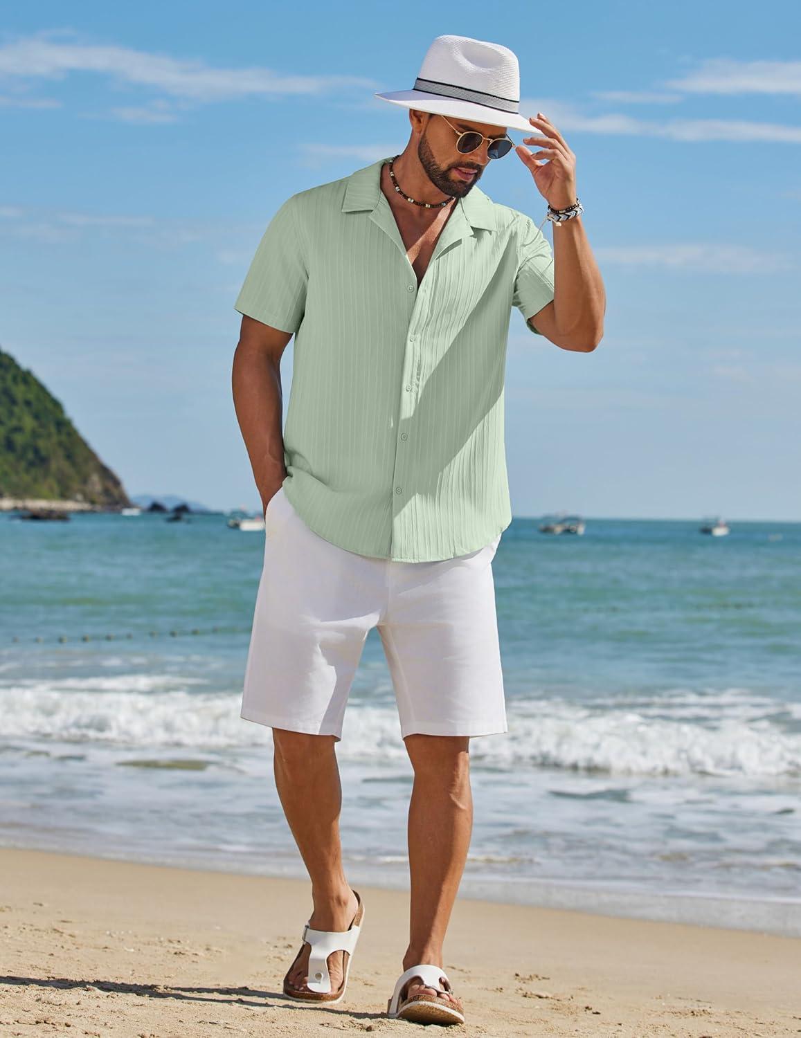 imageCOOFANDY Mens Short Sleeve Casual Button Down Shirts Textured Summer Beach ShirtLight Green