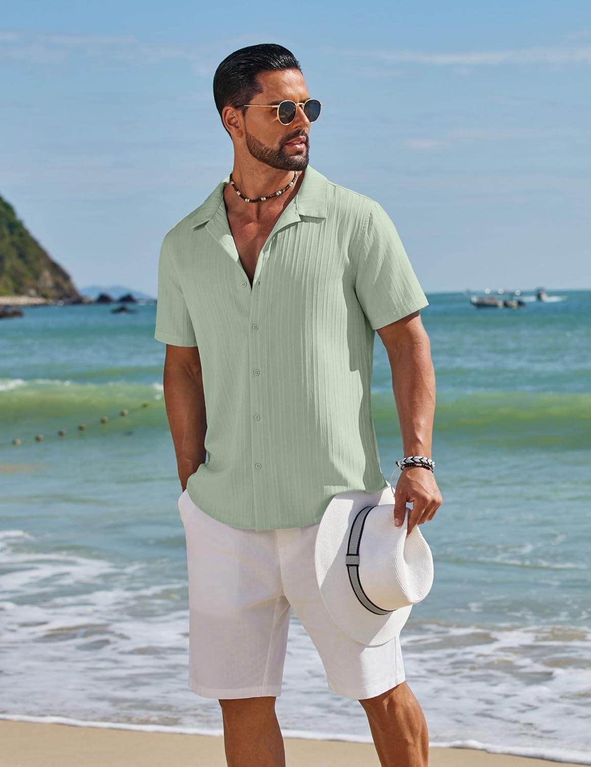 imageCOOFANDY Mens Short Sleeve Casual Button Down Shirts Textured Summer Beach ShirtLight Green