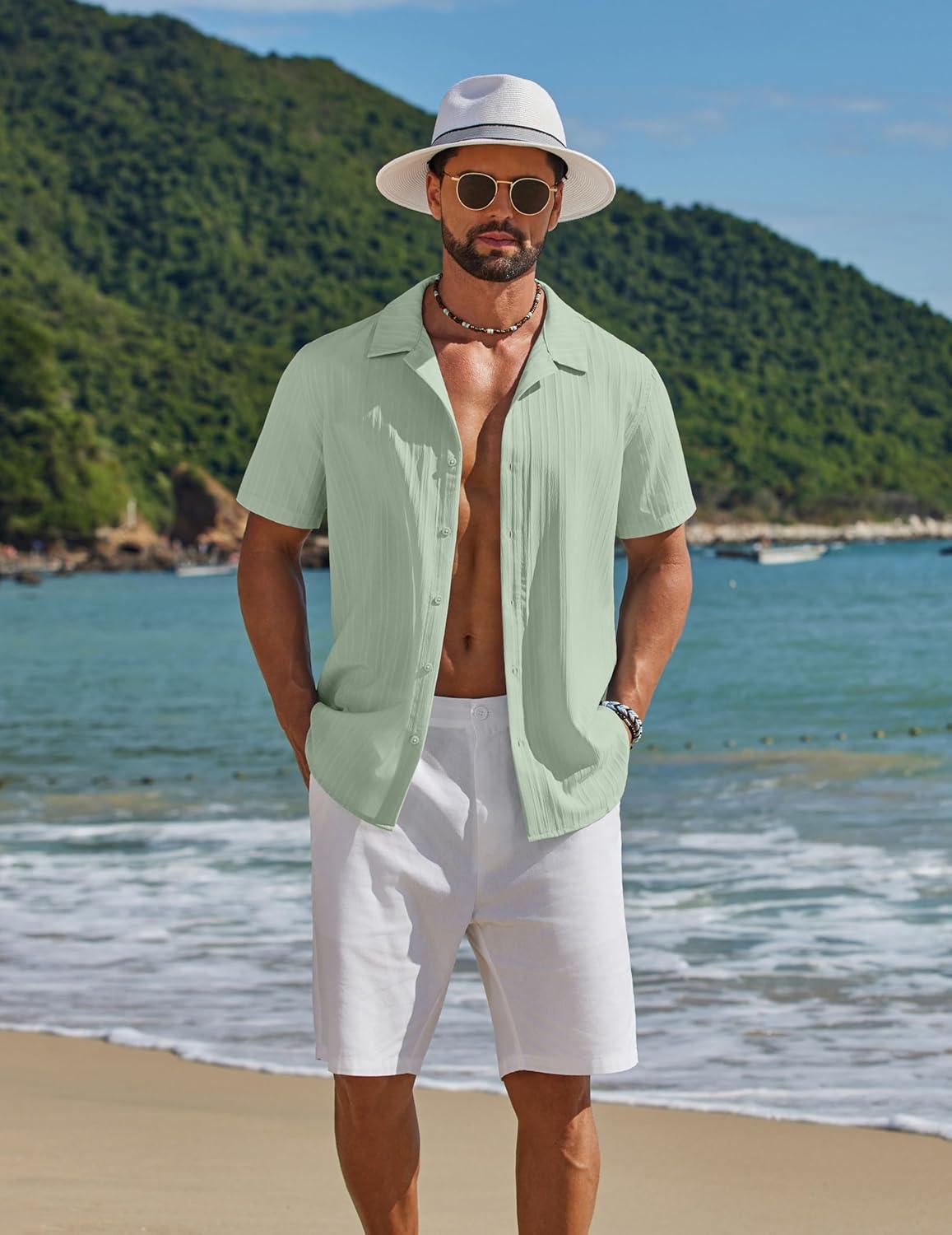imageCOOFANDY Mens Short Sleeve Casual Button Down Shirts Textured Summer Beach ShirtLight Green