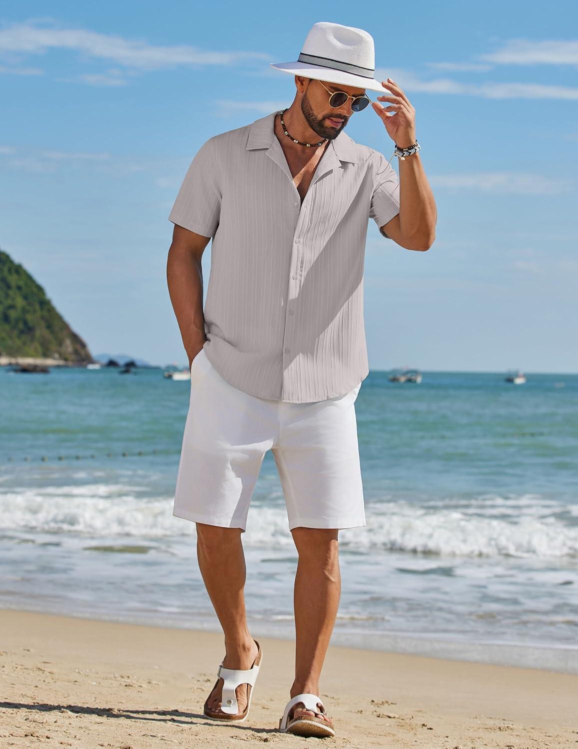imageCOOFANDY Mens Short Sleeve Casual Button Down Shirts Textured Summer Beach ShirtLight Grey