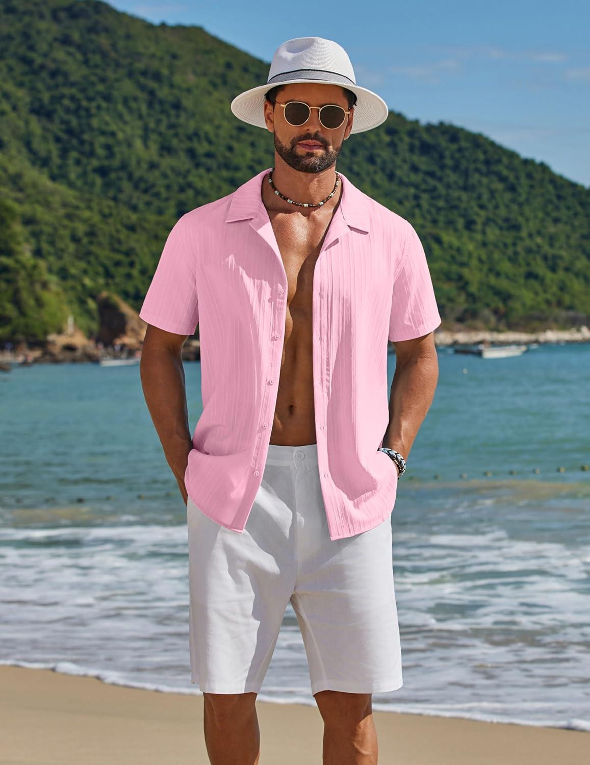 imageCOOFANDY Mens Short Sleeve Casual Button Down Shirts Textured Summer Beach ShirtPink