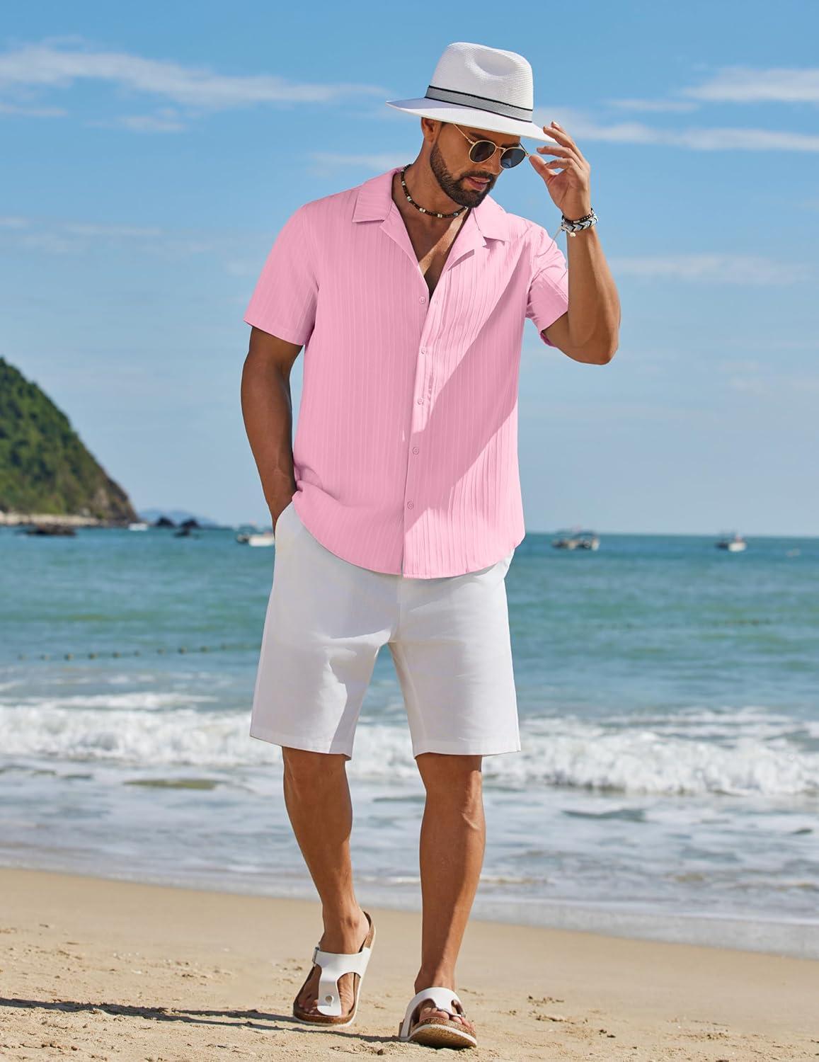 imageCOOFANDY Mens Short Sleeve Casual Button Down Shirts Textured Summer Beach ShirtPink