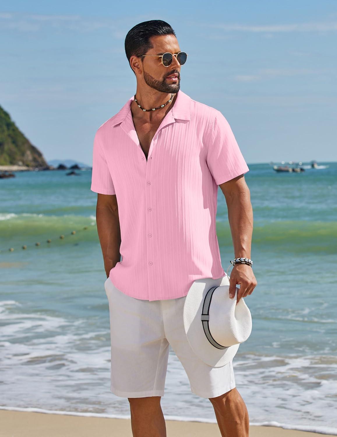 imageCOOFANDY Mens Short Sleeve Casual Button Down Shirts Textured Summer Beach ShirtPink
