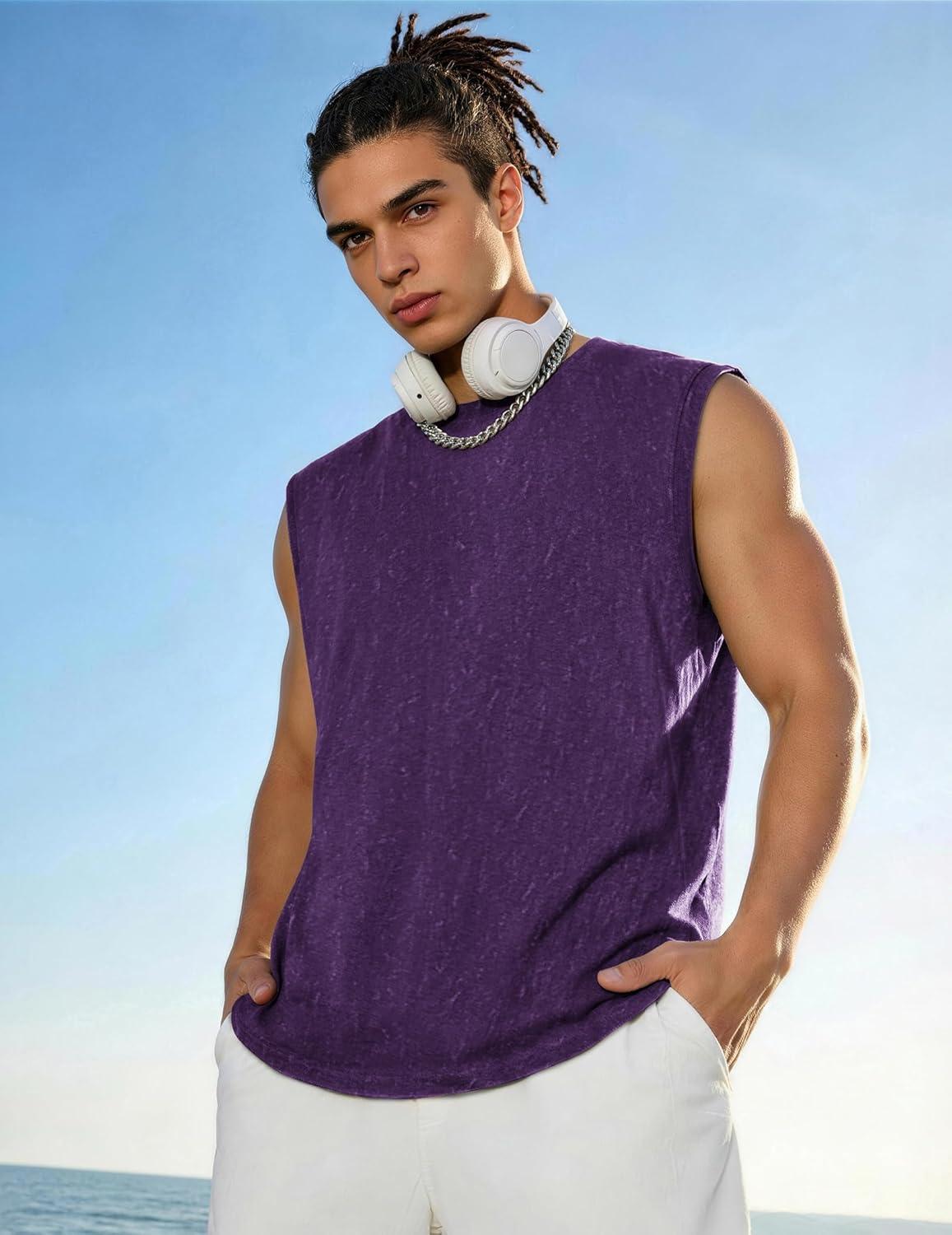 imageCOOFANDY Mens Sleeveless Shirts Cotton Workout Tank Tops Muscle Cut Off Shirt Summer Beach Casual Oversized Washed TeePurple