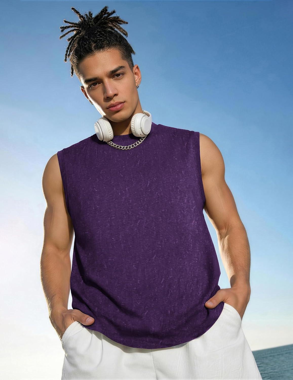 imageCOOFANDY Mens Sleeveless Shirts Cotton Workout Tank Tops Muscle Cut Off Shirt Summer Beach Casual Oversized Washed TeePurple