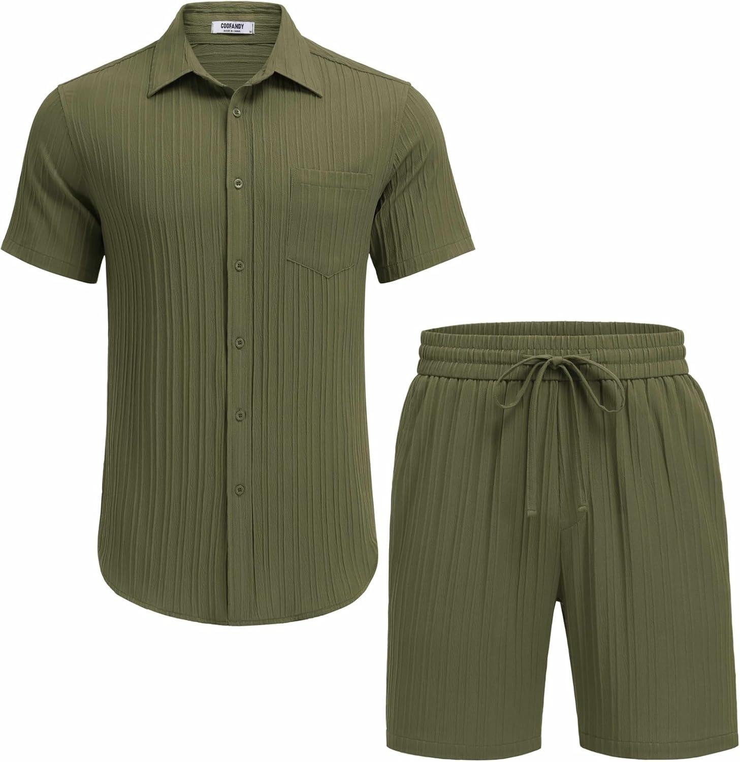 imageCOOFANDY Mens Summer Beach Outfits 2 Piece Short Sets Shirts and Shorts Vacation Texture Linen Sets for MenArmy Green
