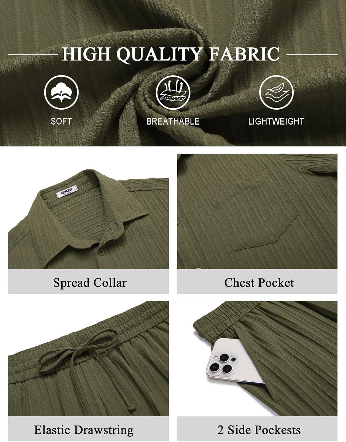 imageCOOFANDY Mens Summer Beach Outfits 2 Piece Short Sets Shirts and Shorts Vacation Texture Linen Sets for MenArmy Green