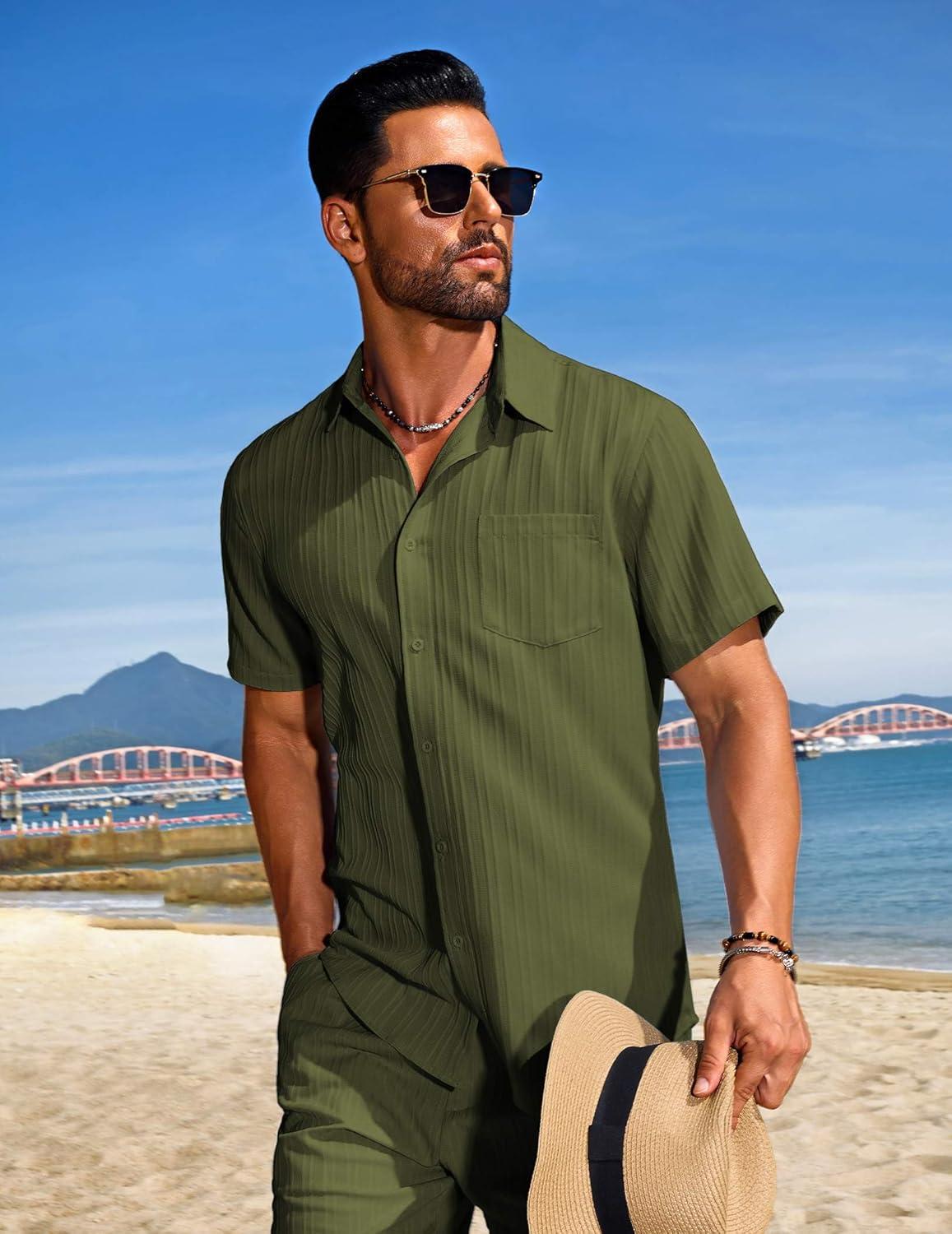 imageCOOFANDY Mens Summer Beach Outfits 2 Piece Short Sets Shirts and Shorts Vacation Texture Linen Sets for MenArmy Green