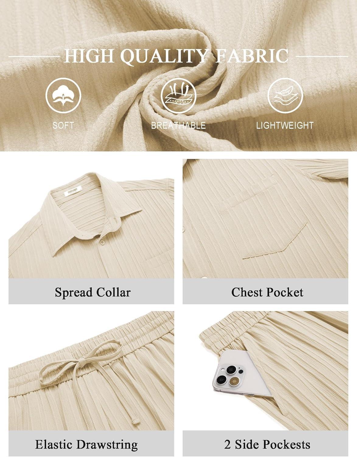 imageCOOFANDY Mens Summer Beach Outfits 2 Piece Short Sets Shirts and Shorts Vacation Texture Linen Sets for MenBeige