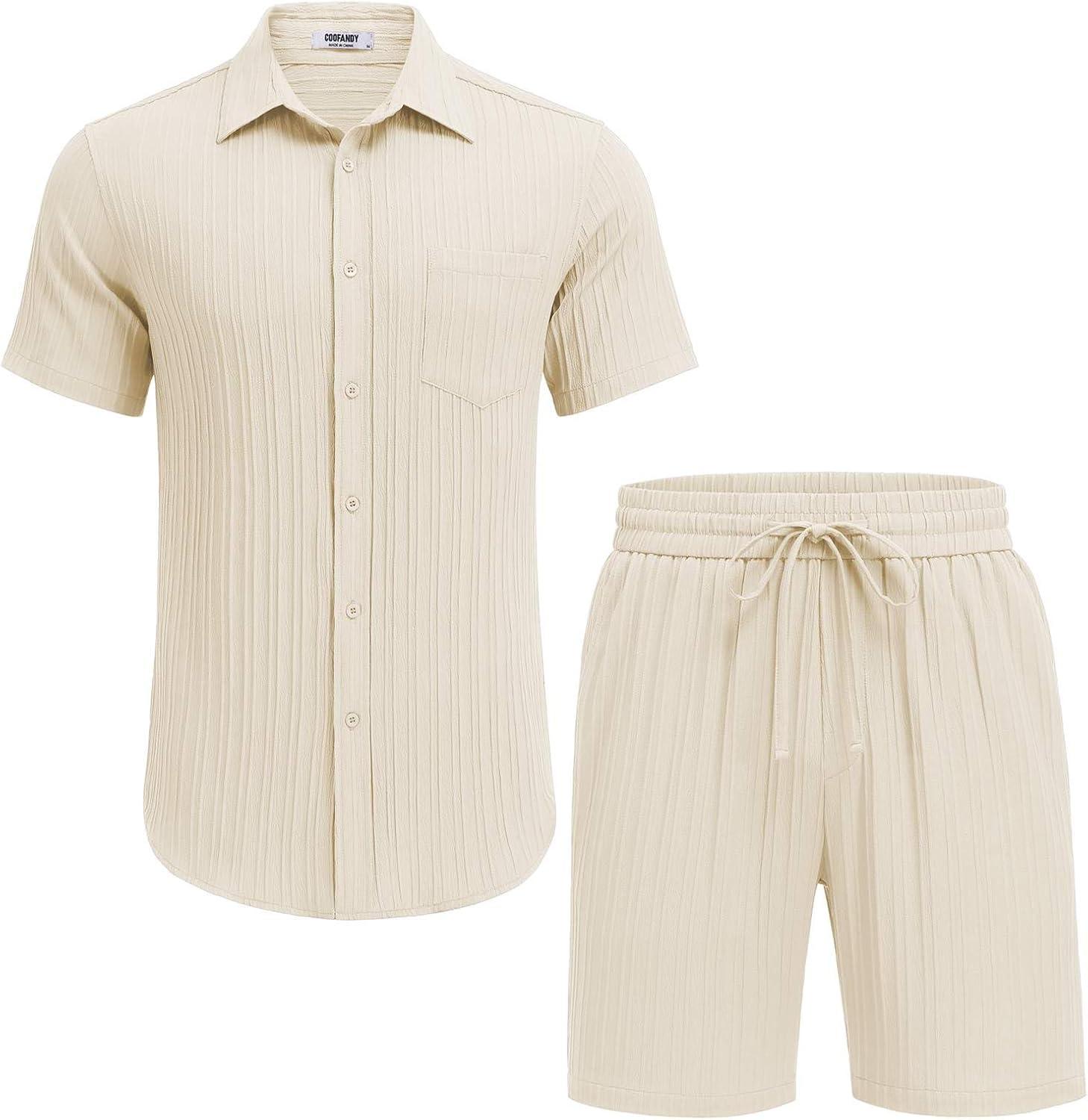 imageCOOFANDY Mens Summer Beach Outfits 2 Piece Short Sets Shirts and Shorts Vacation Texture Linen Sets for MenBeige