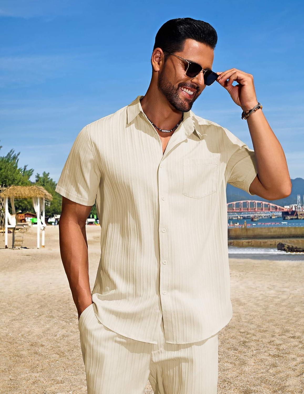 imageCOOFANDY Mens Summer Beach Outfits 2 Piece Short Sets Shirts and Shorts Vacation Texture Linen Sets for MenBeige