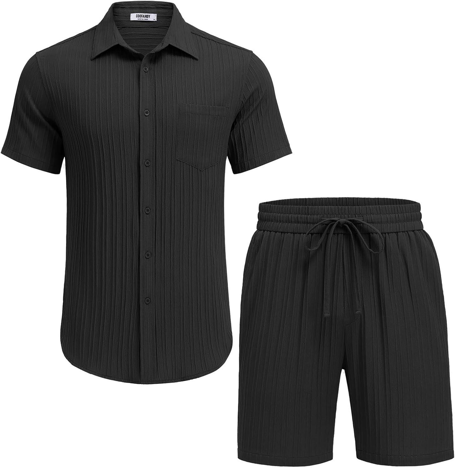 imageCOOFANDY Mens Summer Beach Outfits 2 Piece Short Sets Shirts and Shorts Vacation Texture Linen Sets for MenBlack