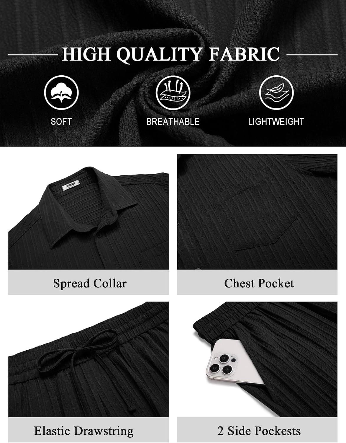 imageCOOFANDY Mens Summer Beach Outfits 2 Piece Short Sets Shirts and Shorts Vacation Texture Linen Sets for MenBlack