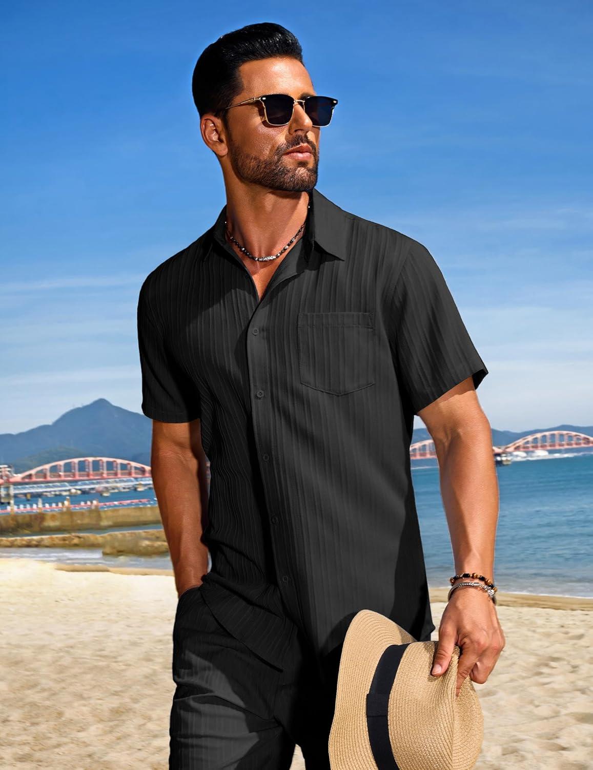 imageCOOFANDY Mens Summer Beach Outfits 2 Piece Short Sets Shirts and Shorts Vacation Texture Linen Sets for MenBlack
