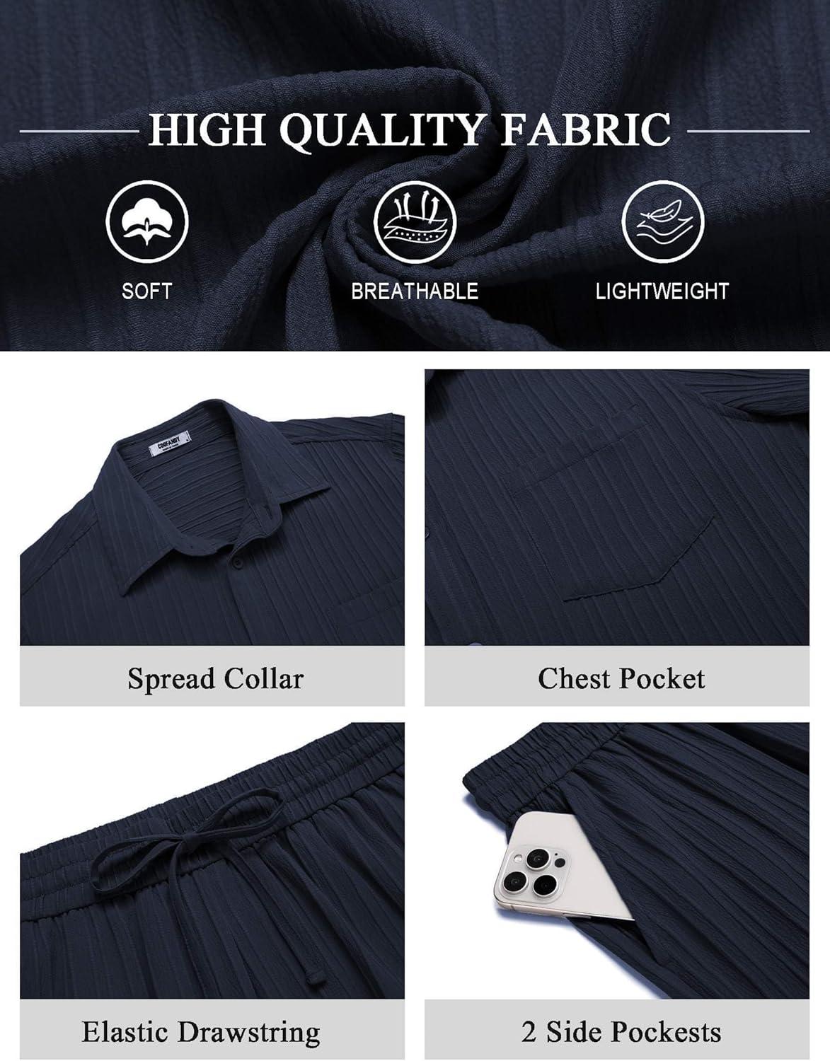 imageCOOFANDY Mens Summer Beach Outfits 2 Piece Short Sets Shirts and Shorts Vacation Texture Linen Sets for MenBlue Purple