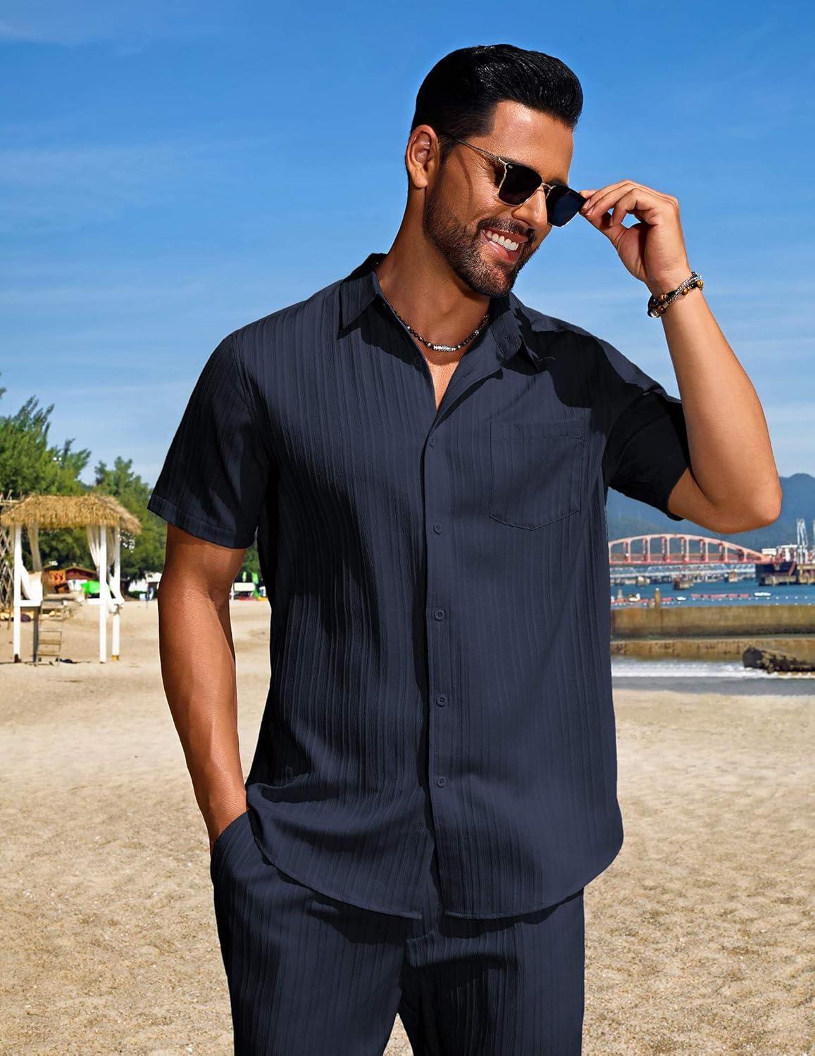 imageCOOFANDY Mens Summer Beach Outfits 2 Piece Short Sets Shirts and Shorts Vacation Texture Linen Sets for MenBlue Purple