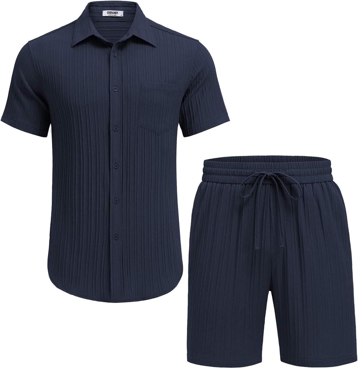 imageCOOFANDY Mens Summer Beach Outfits 2 Piece Short Sets Shirts and Shorts Vacation Texture Linen Sets for MenBlue Purple