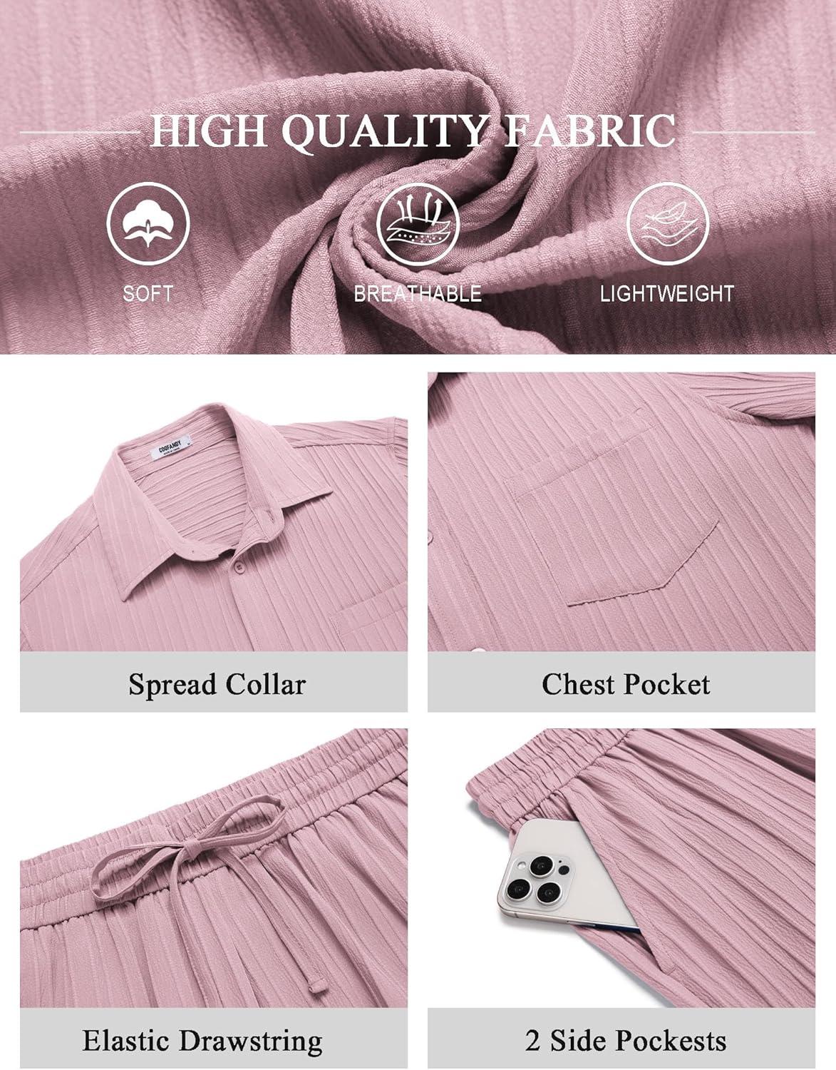 imageCOOFANDY Mens Summer Beach Outfits 2 Piece Short Sets Shirts and Shorts Vacation Texture Linen Sets for MenDark Pink