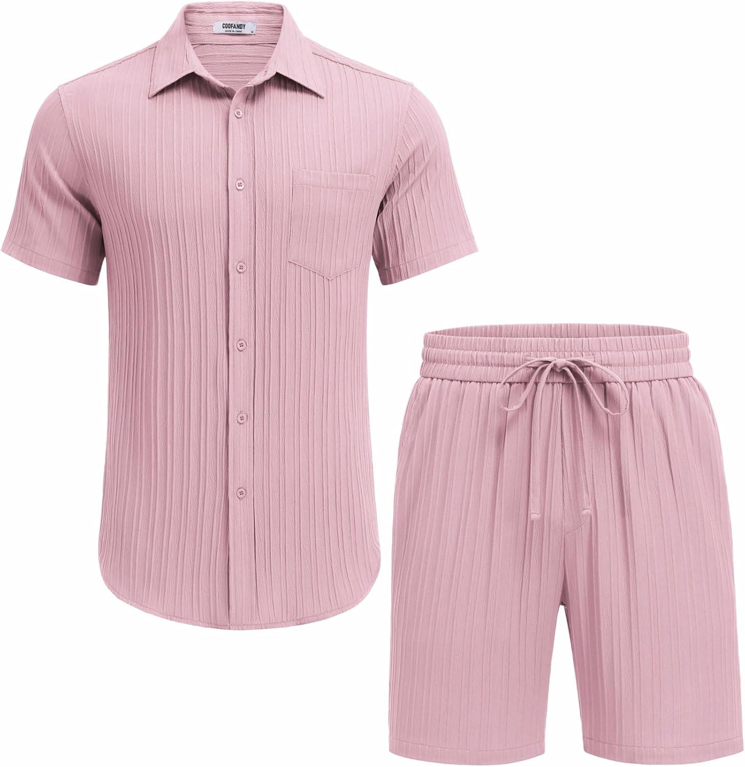 imageCOOFANDY Mens Summer Beach Outfits 2 Piece Short Sets Shirts and Shorts Vacation Texture Linen Sets for MenDark Pink