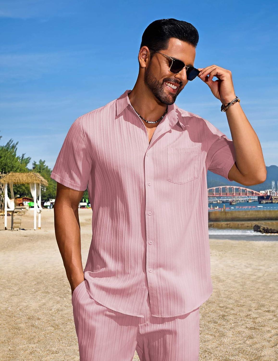 imageCOOFANDY Mens Summer Beach Outfits 2 Piece Short Sets Shirts and Shorts Vacation Texture Linen Sets for MenDark Pink