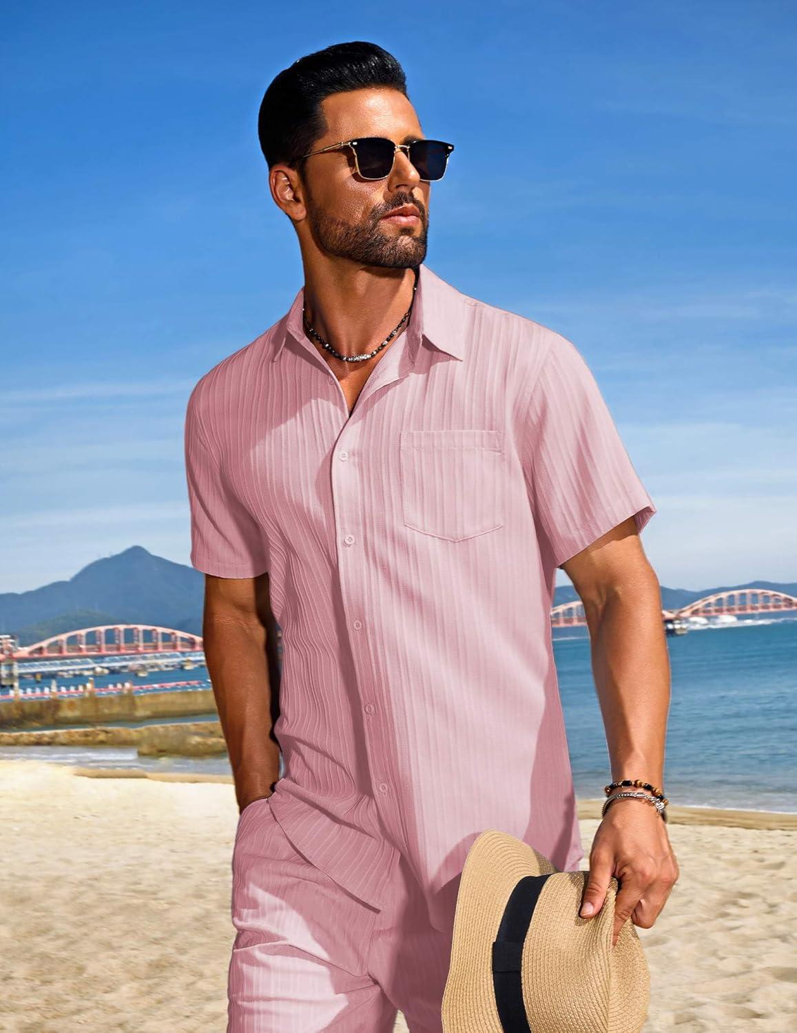 imageCOOFANDY Mens Summer Beach Outfits 2 Piece Short Sets Shirts and Shorts Vacation Texture Linen Sets for MenDark Pink