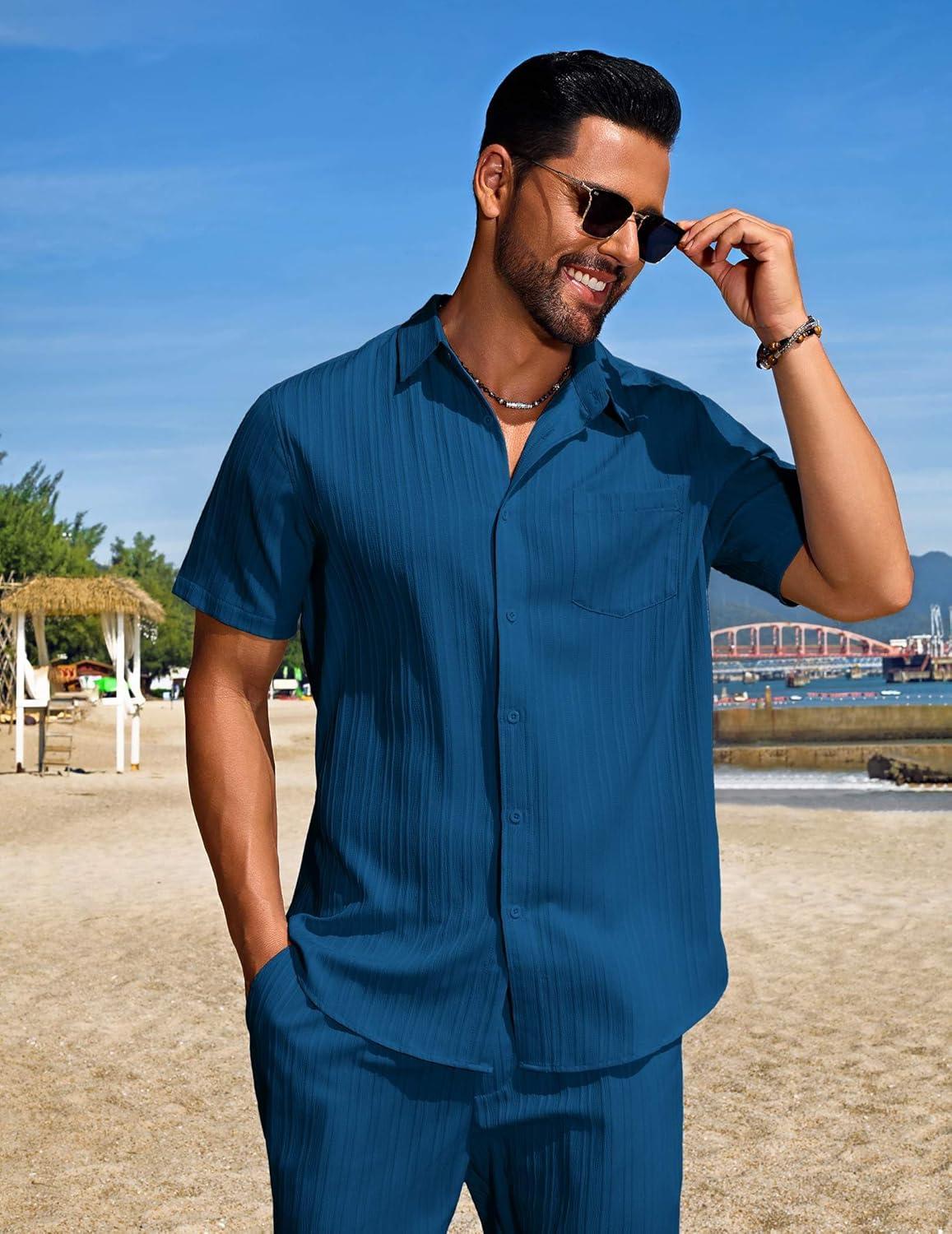 imageCOOFANDY Mens Summer Beach Outfits 2 Piece Short Sets Shirts and Shorts Vacation Texture Linen Sets for MenDeep Blue