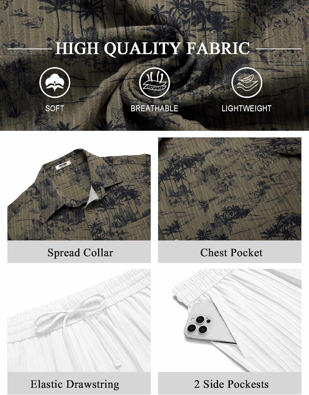 imageCOOFANDY Mens Summer Beach Outfits 2 Piece Short Sets Shirts and Shorts Vacation Texture Linen Sets for MenGreenwhite