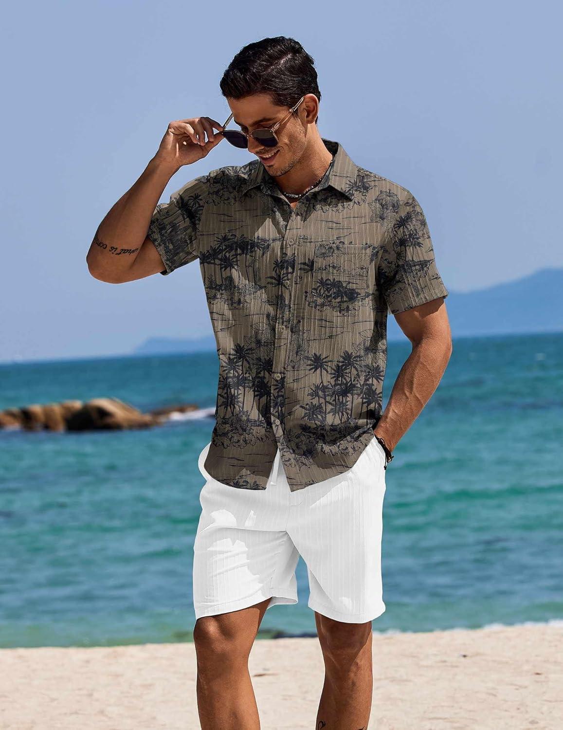 imageCOOFANDY Mens Summer Beach Outfits 2 Piece Short Sets Shirts and Shorts Vacation Texture Linen Sets for MenGreenwhite