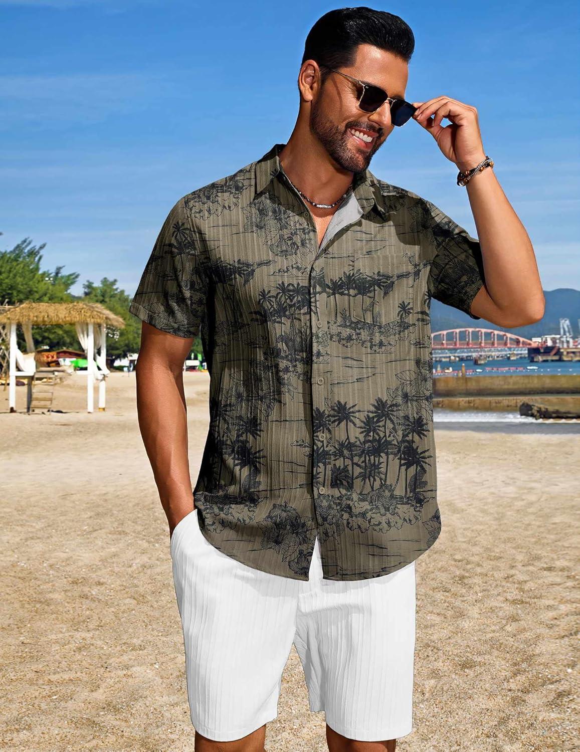 imageCOOFANDY Mens Summer Beach Outfits 2 Piece Short Sets Shirts and Shorts Vacation Texture Linen Sets for MenGreenwhite