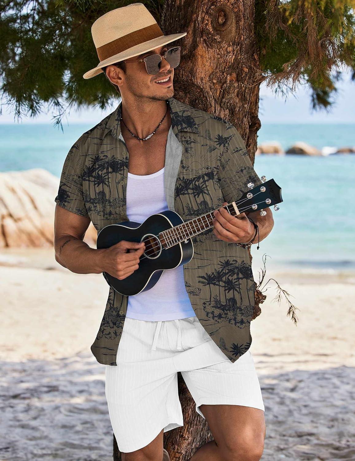 imageCOOFANDY Mens Summer Beach Outfits 2 Piece Short Sets Shirts and Shorts Vacation Texture Linen Sets for MenGreenwhite
