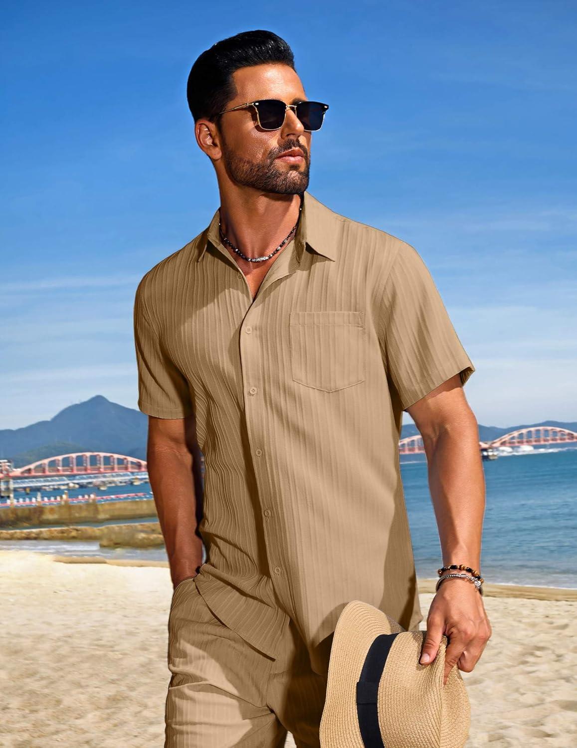 imageCOOFANDY Mens Summer Beach Outfits 2 Piece Short Sets Shirts and Shorts Vacation Texture Linen Sets for MenKhaki