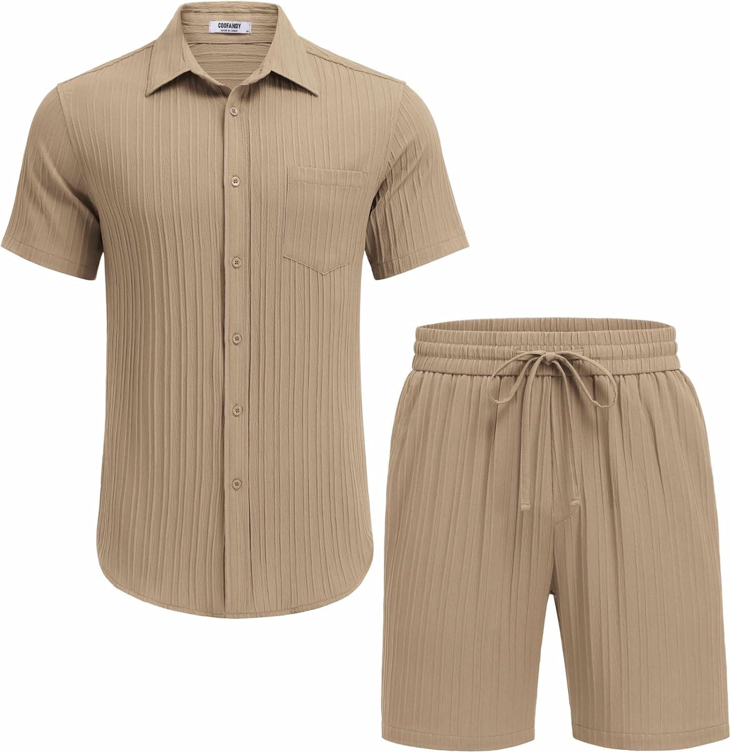 imageCOOFANDY Mens Summer Beach Outfits 2 Piece Short Sets Shirts and Shorts Vacation Texture Linen Sets for MenKhaki