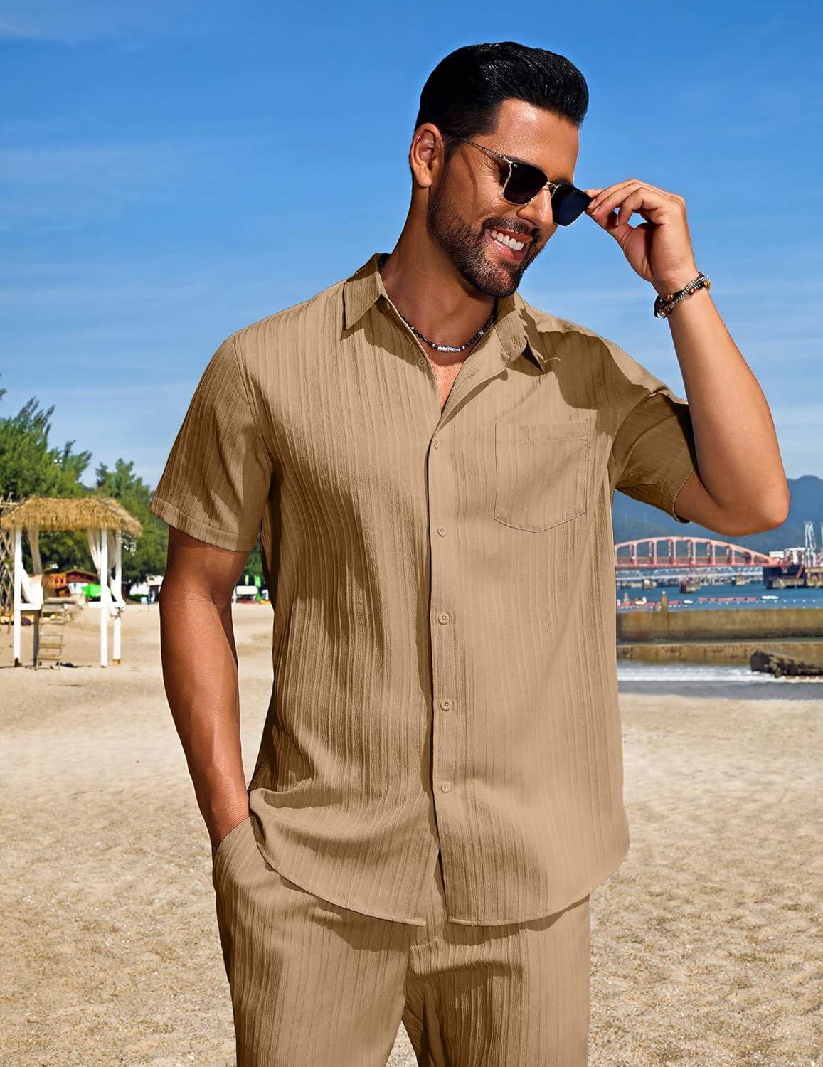 imageCOOFANDY Mens Summer Beach Outfits 2 Piece Short Sets Shirts and Shorts Vacation Texture Linen Sets for MenKhaki