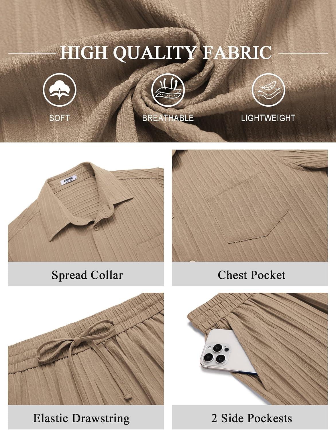 imageCOOFANDY Mens Summer Beach Outfits 2 Piece Short Sets Shirts and Shorts Vacation Texture Linen Sets for MenKhaki